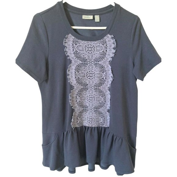 Loco Lounge Gray S/S Top Gray Lace Size Medium Women’s Smock Lounge - Picture 1 of 3